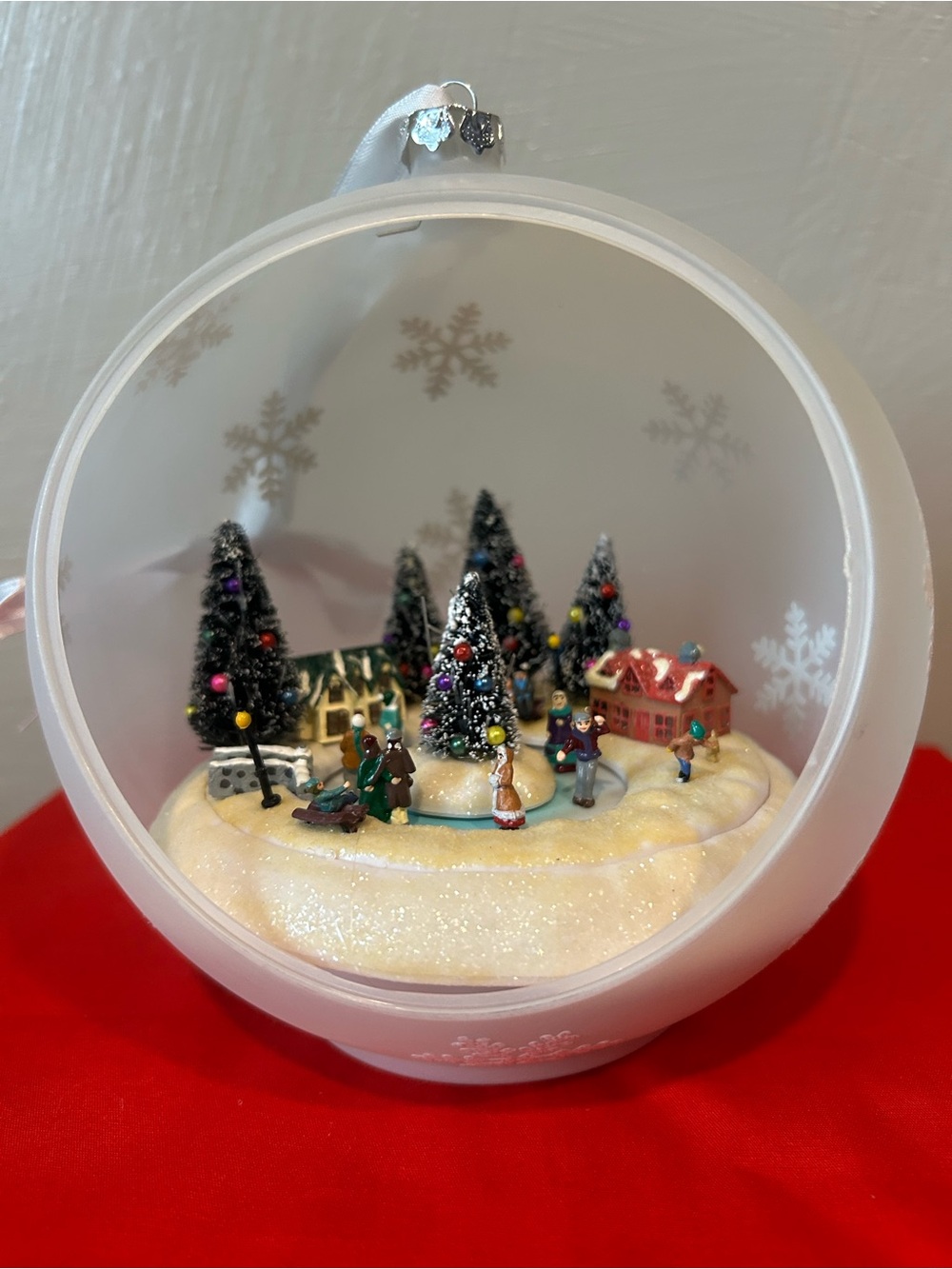 White Miniature Village Snow Globe Ornament with Festive Trees